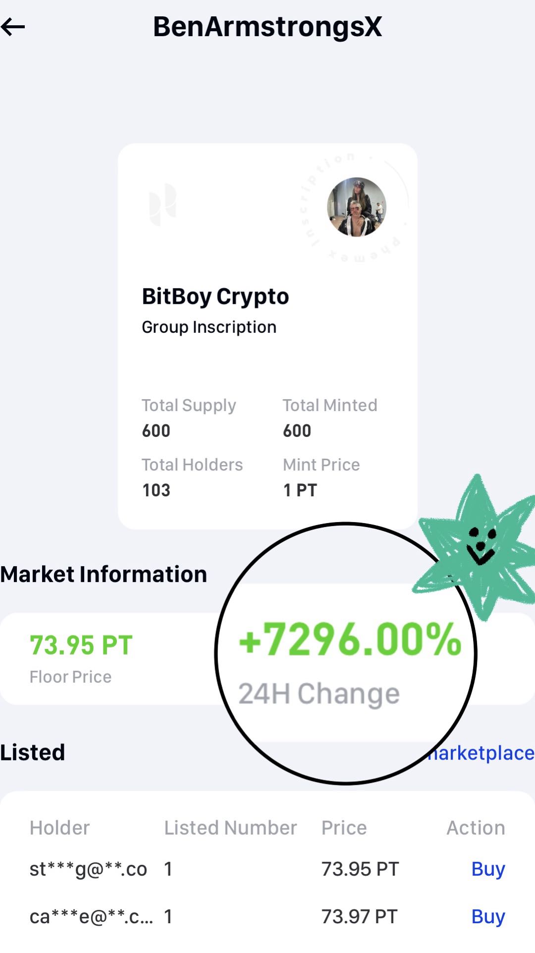 Ben Armstrong’s ordinals soared by 7296% in just a few hours. Source: Phemex