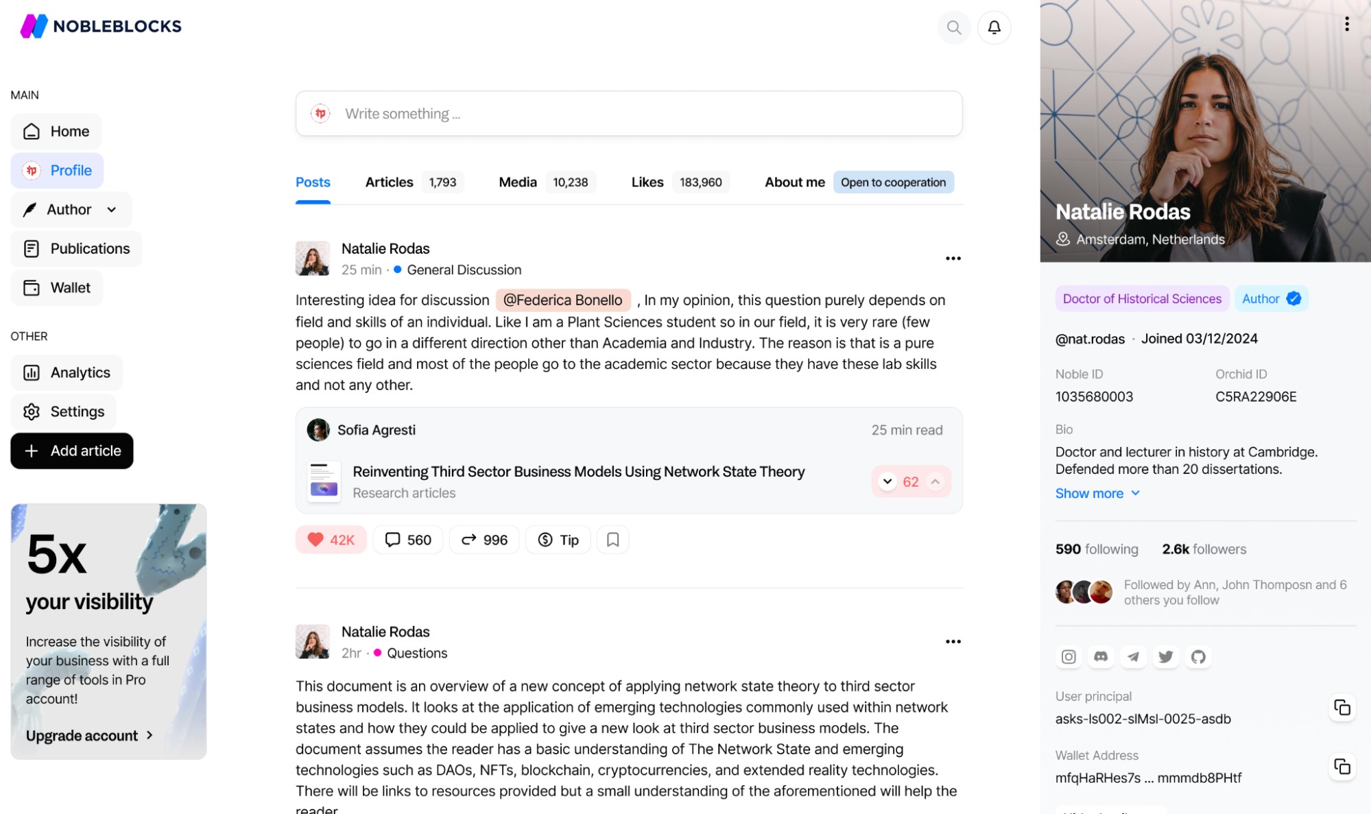 The platform offers detailed information about a researcher through quick profiles. Source: NobleBlocks
