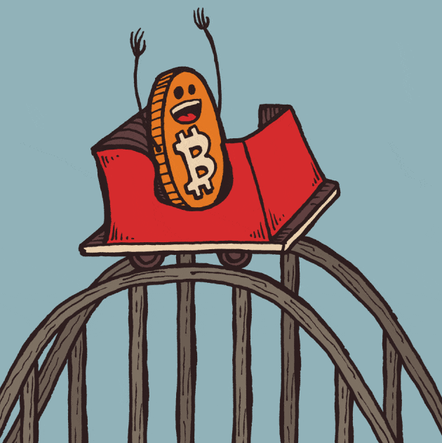 Bitcoin on a rollercoaster meme going through swings while smiling